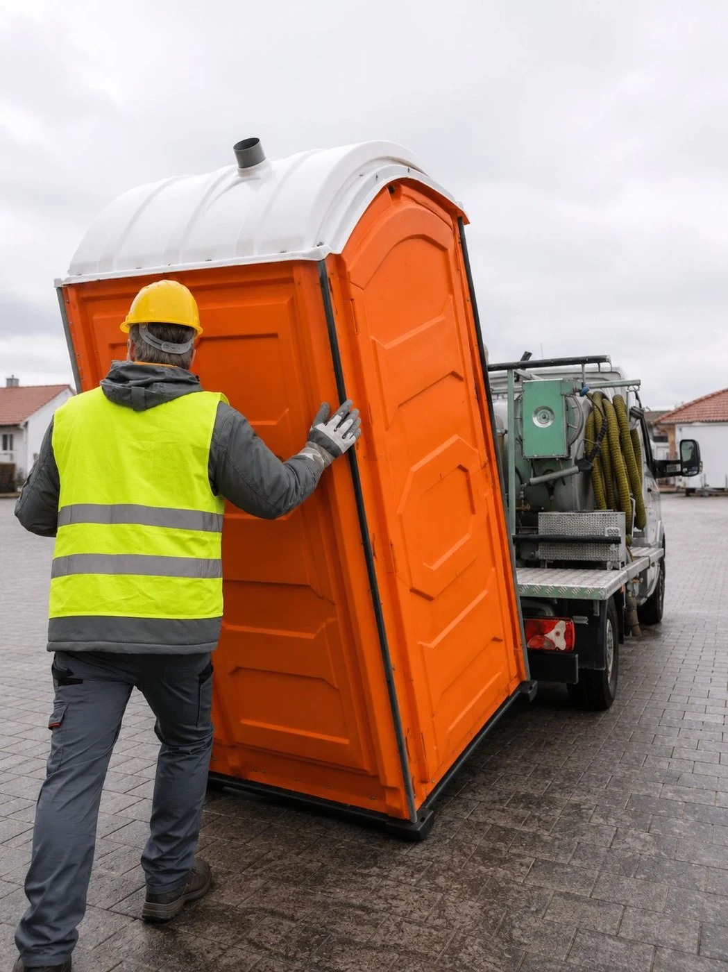 Local Rent Zone technician servicing portable restroom units on site